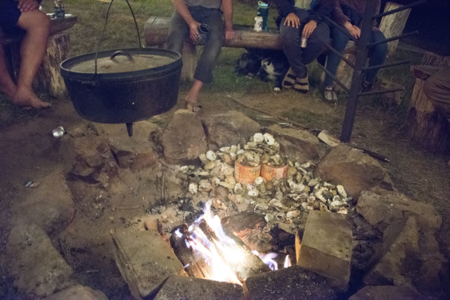 A dutch oven keeps food warm over the fire, next to a bounty of slurped oyster shells | photo: Illes Austin Illes Campfire Culinary Delights